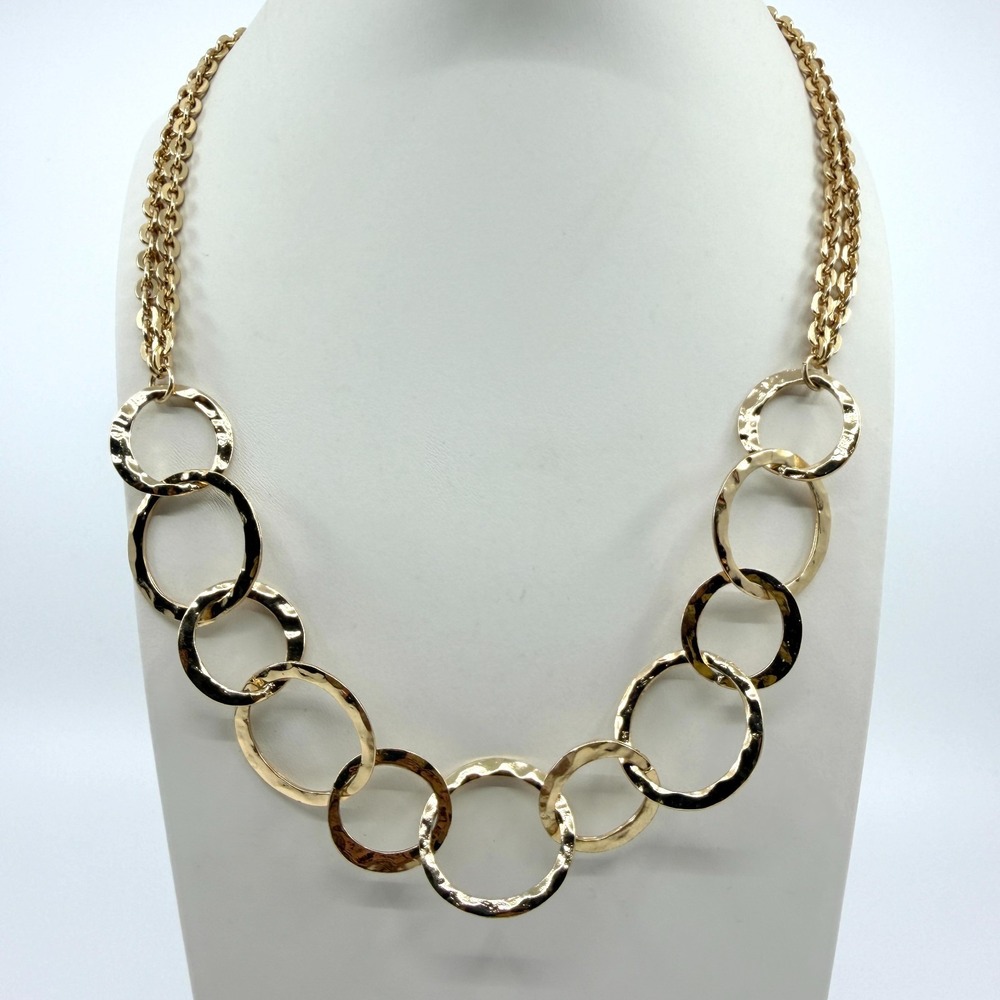 Vintage Gold Tone Link Chain Necklace with Hammered Geometric Rings